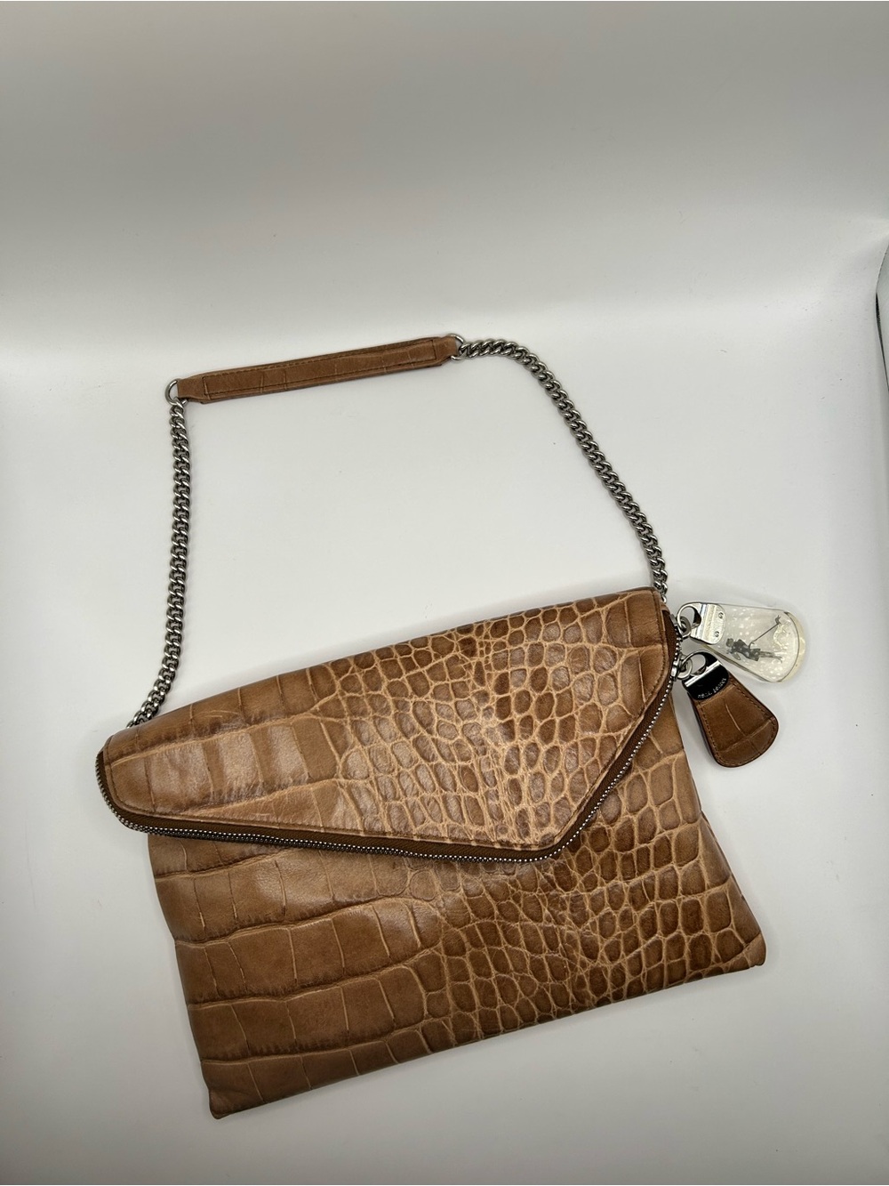 henri bendel Brown Croc-Embossed Clutch with Silver Chain - Picture 1 of 13